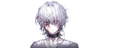 Rule 34 | 1boy, accelerator (toaru majutsu no index), blood, choker, closed mouth, highres, looking at viewer, male focus, portrait, red eyes, solo, toaru majutsu no index, upper body, white background, white hair, yasato