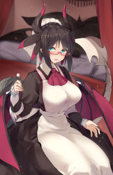 Rule 34 | 1girl, apron, bed, bedroom, black hair, blue eyes, breasts, cowboy shot, dragon girl, dragon horns, dragon tail, dragon wings, dragonmaid (yu-gi-oh!), dress, duel monster, glasses, highres, horns, house dragonmaid, kanzen bouon, large breasts, looking at viewer, maid, maid apron, maid headdress, mimikaki, short hair, sitting, smile, solo, tail, wings, yu-gi-oh!
