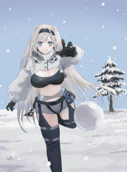 Rule 34 | 1girl, animal ears, arknights, aurora (arknights), aurora (elite ii) (arknights), bandeau, bear ears, belt, black belt, black gloves, black hairband, black legwear, blue eyes, breasts, cleavage, cleopatra007, commentary, english commentary, gloves, grey shorts, hairband, highres, large breasts, long hair, long sleeves, looking at viewer, midriff, pouch, short shorts, shorts, shrug (clothing), silver hair, smile, snow, snowball, snowing, solo, standing, standing on one leg, stomach, strapless, throwing, tree, tube top, turtleneck, very long hair