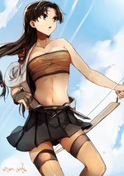 Rule 34 | 1girl, bandeau, belt, black skirt, blue background, blue sky, bow (weapon), breasts, brown eyes, brown gloves, brown hair, brown thighhighs, cloud, cloudy sky, commentary request, day, floating hair, genyaky, gloves, grey thighhighs, hair ribbon, holding, holding bow (weapon), holding weapon, kantai collection, large breasts, long hair, one-hour drawing challenge, parted lips, partially fingerless gloves, pleated skirt, ribbon, shouhou (kancolle), single bare shoulder, single glove, skirt, sky, solo, strapless, thighhighs, tress ribbon, tube top, twitter username, weapon