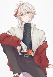 Rule 34 | 1boy, absurdres, bandaged hand, bandages, belt, black pants, black sweater, closed mouth, genshin impact, grey hair, hair between eyes, highres, holding, holding leaf, jacket, jewelry, kaedehara kazuha, leaf, long sleeves, looking at viewer, male focus, mnce o, multicolored hair, necklace, off shoulder, open clothes, pants, red eyes, red hair, red jacket, shirt, shoes, simple background, sitting, sneakers, solo, streaked hair, sweater, turtleneck, turtleneck sweater, white footwear