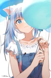 Rule 34 | 1girl, absurdres, animal ears, balloon, blue eyes, blue hair, blunt bangs, blush, cat ears, closed mouth, collarbone, commentary, english commentary, fang, fang out, gawr gura, gawr gura (casual), hair ornament, highres, holding, holding balloon, hololive, hololive english, looking at viewer, multicolored hair, side ponytail, signature, simple background, smile, solo, streaked hair, tsukino (nakajimaseiki), two-tone hair, upper body, virtual youtuber, white background, white hair