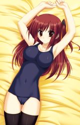 Rule 34 | 1girl, absurdres, armpits, arms up, bare arms, bare shoulders, bat hair ornament, bed sheet, black thighhighs, blue one-piece swimsuit, breasts, brown hair, closed mouth, collarbone, covered navel, fingernails, from above, hair between eyes, hair ornament, highres, large breasts, long fingernails, long hair, looking at viewer, lying, medium breasts, nanakase yui, nekonade distortion, old school swimsuit, on back, on bed, one-piece swimsuit, red hair, scan, school swimsuit, skin tight, solo, swimsuit, thigh gap, thighhighs, tsukinon, two side up