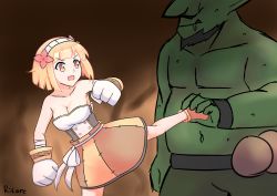 Rule 34 | 1girl, absurdres, bare shoulders, blonde hair, breasts, cleavage, colored skin, endro!, fai fai, flower, gloves, goblin slayer!, graphite (medium), green skin, hair flower, hair ornament, hairband, highres, kicking, licking lips, open mouth, orc, parody, ritore, short hair, tongue, tongue out, traditional media