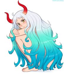 Rule 34 | 1girl, afrobull, ahoge, aqua hair, arm rest, barefoot, blush, breast press, breasts, completely nude, crossed arms, curled horns, earrings, from side, full body, green hair, hair ornament, high ponytail, hoop earrings, horns, huge breasts, hugging own legs, jewelry, long hair, looking at viewer, multicolored hair, multicolored horns, nude, one piece, oni, parted lips, patreon username, ponytail, red horns, sidelocks, simple background, solo, squatting, sweatdrop, toes, very long hair, white background, white hair, yamato (one piece), yellow eyes