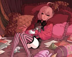 Rule 34 | 1boy, ahoge, bed, black bow, black bowtie, black eyes, black shorts, book, bow, bowtie, brooch, canopy bed, cushion, eyeshadow, frills, highres, holding, holding stuffed toy, jewelry, lipstick, lying, makeup, male focus, multicolored clothes, multicolored legwear, ohayousan 084, on bed, original, pale skin, pillow, pointy ears, puffy sleeves, shorts, solo, striped clothes, striped thighhighs, stuffed animal, stuffed rabbit, stuffed toy, teddy bear, thighhighs, trap, tsurime, vampire