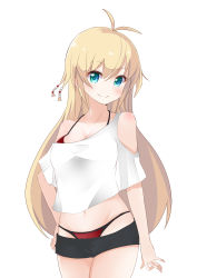 Rule 34 | 1girl, absurdres, antenna hair, bare shoulders, beads, bikini, bikini under clothes, blonde hair, blue eyes, blush, breasts, cleavage, collarbone, cowboy shot, crop top, hair beads, hair ornament, hand on own hip, highres, kaito hikaruto, looking at viewer, navel, red bikini, shirt, short shorts, short sleeves, shorts, simple background, smile, solo, standing, swimsuit, swimsuit under clothes, tsurumaki maki, voiceroid, white background, white shirt