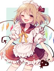 Rule 34 | 1girl, ahoge, alternate costume, blonde hair, blush, commentary request, crystal, enmaided, fang, flandre scarlet, laevatein (touhou), looking at viewer, maid, maid headdress, one eye closed, one side up, open mouth, pointy ears, puffy short sleeves, puffy sleeves, red eyes, short hair, short sleeves, skin fang, solo, touhou, touya (konpekitou), wings