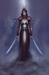 Rule 34 | 1girl, black hair, concept art, dual wielding, earthrise (game), holding, holding sword, holding weapon, looking at viewer, short hair, silhouette, solo, solo focus, standing, sword, weapon