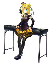 Rule 34 | 1girl, arm strap, bad id, bad pixiv id, bare shoulders, black hat, black shirt, black thighhighs, blonde hair, blue eyes, blue footwear, choker, collarbone, frilled skirt, frills, full body, hair ornament, hairclip, hat, hat ribbon, instrument, jewelry, kagamine rin, layered skirt, looking at viewer, mini hat, miniskirt, necklace, one side up, parted lips, piano, renta (deja-vu), ribbon, shirt, short hair, simple background, skirt, solo, standing, thighhighs, vocaloid, white background, yellow ribbon, yellow skirt