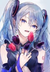 Rule 34 | 1girl, blue eyes, blue hair, flower, hand on own chest, hatsune miku, head tilt, open mouth, pipi, solo, tulip, twintails, vocaloid