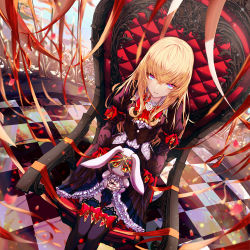 Rule 34 | 1girl, blonde hair, blue eyes, blush, bow, confetti, doll joints, dress, frills, gothic lolita, highres, joints, juliet sleeves, lolita fashion, long hair, long sleeves, looking at viewer, multicolored eyes, original, pink eyes, puffy sleeves, ribbon, roon (ddeer2010), sidelocks, sitting, smile, solo, stuffed animal, stuffed rabbit, stuffed toy, thighhighs, vest, wide sleeves