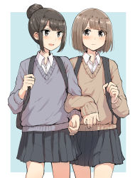 2girls :d absurdres backpack bag betock black_eyes blunt_bangs brown_hair brown_sweater commentary_request cowboy_shot facing_viewer grey_sweater hair_bun highres light_smile locked_arms long_sleeves medium_hair multiple_girls open_mouth original school_uniform side-by-side single_hair_bun smile sweater