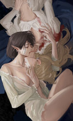 Rule 34 | 2girls, biting, black hair, blonde hair, blood, blood on clothes, bra, breasts, brown hair, cleavage, closed eyes, commentary, deerwhisky, dress, earrings, highres, jewelry, long hair, lying, medium breasts, multiple girls, nipples, nose, on back, on side, open clothes, original, pointy ears, red eyes, rotational symmetry, shirt, torn clothes, torn dress, underwear, vampire, white bra, white dress, white shirt, yuri