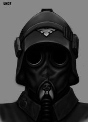 Rule 34 | 1boy, astra militarum, collar, death korps of krieg, gas mask, greyscale, helmet, male focus, mask, monochrome, skull, solo, un07, warhammer 40k