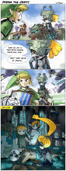 Rule 34 | 4koma, blonde hair, blue eyes, bokoblin, comic, doll, english text, fang, green hat, hand to own mouth, hat, hat over one eye, highres, holding, holding sword, holding weapon, hyrule warriors, jam, link, mannequin, mask, midna, nintendo, pointing, prehensile hair, shield, stuffed animal, stuffed toy, stuffing, stup-jam, sword, tail, tail wagging, the legend of zelda, weapon, wolf, yandere