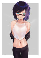 Rule 34 | 1girl, a-chan (hololive), absurdres, alternate costume, arms behind back, black-framed eyewear, black jacket, black pants, blue bow, blue eyes, blue hair, blush, bow, breasts, commentary, cowboy shot, eyebrows hidden by hair, glasses, grey background, hair bow, halter shirt, halterneck, highres, hololive, jacket, looking at viewer, navel, off shoulder, open clothes, open jacket, pants, parted lips, rifufu, semi-rimless eyewear, shirt, short hair, simple background, sleeveless, small breasts, solo, standing, stomach, sweat, swept bangs, virtual youtuber, white shirt