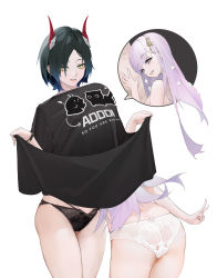 Rule 34 | 2girls, absurdres, ass, azur lane, black hair, black panties, breasts, character request, clothes lift, clothes writing, creator connection, grabbing, grabbing another&#039;s breast, head under another&#039;s clothes, head under shirt, highres, horns, inset, leaning forward, long hair, multiple girls, nanonuo, no bra, panties, parted lips, plymouth (azur lane), purple eyes, purple hair, shirt lift, short hair, simple background, skindentation, small breasts, smile, ulrich von hutten (azur lane), under another&#039;s clothes, under shirt, underwear, underwear only, v, very long hair, white background, white panties, wristband, yellow eyes