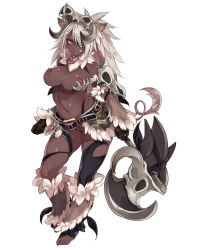Rule 34 | 1girl, :p, animal ears, asymmetrical clothes, asymmetrical pasties, asymmetrical top, axe, barefoot, belt, black gloves, breasts, dark-skinned female, dark skin, eyepatch, female focus, female orc, full body, gloves, hair over one eye, high orc (monster girl encyclopedia), highres, kenkou cross, large breasts, lillithlauda, long hair, looking at viewer, monster girl, monster girl encyclopedia, navel, official art, orc, pasties, pussy, revealing clothes, ribbon, ribbon bra, simple background, skull, solo, solo focus, tail, third-party edit, thong, tongue, tongue out, very dark skin, weapon, white background, white hair, yellow eyes