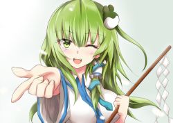 Rule 34 | 1girl, frog hair ornament, gohei, gradient background, green eyes, green hair, hair ornament, hair tubes, holding, kochiya sanae, looking at viewer, one eye closed, open mouth, pointing, smile, snake hair ornament, solo, touhou, wide sleeves, yuki (snowmaiden)