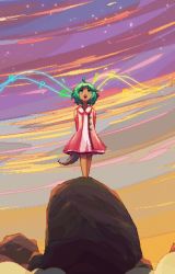 Rule 34 | 1girl, ahoge, animal ears, arms behind back, beamed quavers, commentary request, dress, full body, green eyes, green hair, kasodani kyouko, kunochai, long sleeves, looking up, music, musical note, open mouth, pink dress, pixel art, quaver, rock, short dress, short hair, singing, sky, solo, standing, tail, touhou