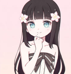 Rule 34 | 1girl, artist name, artist request, bare shoulders, black bow, black hair, blunt bangs, blush, bow, breasts, clenched hand, collarbone, dress, dress bow, female focus, flower, green eyes, hair flower, hair ornament, highres, kurosawa dia, long hair, looking at viewer, love live!, love live! school idol festival, love live! sunshine!!, mole, mole under mouth, pink background, plaid, plaid dress, pleated, pleated dress, sleeveless, sleeveless dress, small breasts, smile, solo, strapless, strapless dress, sundress, torikoriko please!!, upper body, white dress, white flower