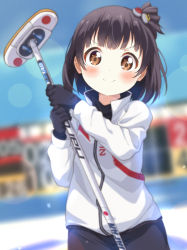 Rule 34 | black gloves, black hair, black pants, black sweater, blurry, blurry background, blush, broom, brown eyes, commentary request, curling broom, curling stone, depth of field, doyagao, gloves, hair ornament, holding, holding broom, idolmaster, idolmaster million live!, indoors, jacket, looking at viewer, nakatani iku, pants, playing sports, short hair, short tail, smile, smug, solo, sweater, tail, toma (shinozaki), v-shaped eyebrows, white jacket