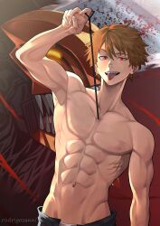 Rule 34 | 1boy, abs, absurdres, arm up, artist name, blonde hair, blood, bloody weapon, chainsaw, chainsaw man, denji (chainsaw man), highres, looking at viewer, male focus, pull cord, red eyes, rodrigo sanni, sharp teeth, teeth, tongue, tongue out, topless male, weapon