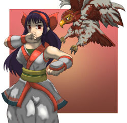 Rule 34 | 1girl, ainu clothes, arm up, armpit peek, breasts, brown eyes, covered erect nipples, covering own mouth, fingerless gloves, gloves, hair ribbon, highres, large breasts, legs, long hair, looking at viewer, mamahaha, nakoruru, pants, purple hair, ribbon, samurai spirits, snk, the king of fighters, the king of fighters xv, thick thighs, thighs