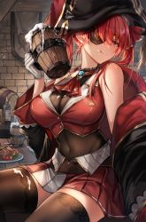 Rule 34 | 1girl, :q, alcohol, black hat, bottle, breasts, brown thighhighs, cleavage, closed mouth, covered navel, cup, eyepatch, food, gloves, gz (gyoju), hair ribbon, hat, highres, holding, holding cup, hololive, hololive fantasy, houshou marine, large breasts, looking at viewer, meat, pirate hat, plate, red eyes, red hair, red ribbon, ribbon, see-through, see-through cleavage, sitting, smile, solo, sweat, thighhighs, thighs, tongue, tongue out, virtual youtuber, white gloves
