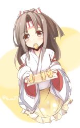 Rule 34 | 10s, 1girl, apron, brown hair, eating, food, fuuna, headband, japanese clothes, kantai collection, omelet, ponytail, red eyes, solo, tamagoyaki, twitter username, zuihou (kancolle)