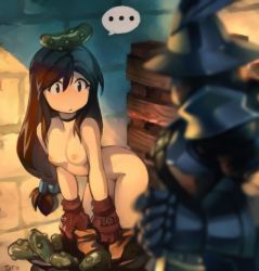 Rule 34 | ..., 1boy, 1girl, adelbert steiner, black hair, blurry, blurry foreground, breasts, brown gloves, caught, clothed male nude female, cucumber, dressing, final fantasy, final fantasy ix, garnet til alexandros xvii, gloves, helmet, leaning forward, legs, long hair, medium breasts, nipples, nude, object on head, optionaltypo, pickle, solo focus, spoken ellipsis, square enix, topless, undressing, walk-in