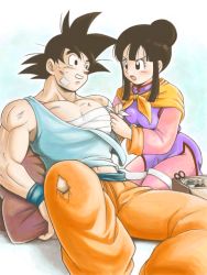 Rule 34 | 1boy, 1girl, annoyed, bandages, black eyes, black hair, blue background, blue shirt, chi-chi (dragon ball), chinese clothes, couple, dougi, dragon ball, dragonball z, frown, hetero, looking at another, masa (p-piyo), nervous, open mouth, pillow, shirt, simple background, sitting, smile, son goku, spiked hair, sweatdrop, white background, wristband
