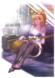 Rule 34 | 1girl, ayase eli, black bra, black panties, black thighhighs, blonde hair, blue eyes, bra, breasts, cable, cleavage, collarbone, commentary request, curtains, electric guitar, eyewear on head, guitar, hair between eyes, holding, holding instrument, indoors, instrument, looking at viewer, love live!, love live! school idol project, medium breasts, noyagi, panties, parted lips, picture frame, ponytail, sidelocks, sitting, solo, sparkle, speaker, sunglasses, thighhighs, underwear, underwear only, window
