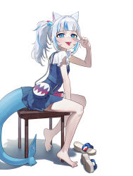 Rule 34 | 1girl, absurdres, animal ears, barefoot, blue eyes, cat ears, chair, feet, fins, fish tail, gawr gura, gawr gura (casual), highres, hololive, long hair, looking at viewer, multicolored hair, sandals, shark tail, sharp teeth, side ponytail, silver hair, sitting, streaked hair, tail, teeth, toes, tongue, tongue out, unworn sandals, v, virtual youtuber