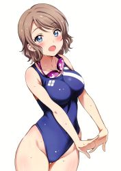 Rule 34 | 1girl, absurdres, blue eyes, blue one-piece swimsuit, blush, breasts, brown hair, competition swimsuit, cowboy shot, glasses, goggles, goggles around neck, grey hair, highres, interlocked fingers, looking at viewer, love live!, love live! sunshine!!, medium breasts, one-piece swimsuit, open mouth, sankuro (agoitei), scan, short hair, simple background, smile, solo, swimsuit, thighhighs, watanabe you, water drop, wet, wet clothes, wet hair, wet swimsuit, white background