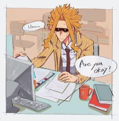 Rule 34 | 1boy, black sclera, blonde hair, blue eyes, boku no hero academia, book, border, brown necktie, chair, closed mouth, collared shirt, colored sclera, commentary request, cup, desk, english text, formal, highres, index finger raised, jacket, keyboard (computer), long sleeves, looking at viewer, male focus, mhrak5, monitor, mug, necktie, open clothes, open jacket, paper, shirt, short hair, short hair with long locks, sitting, solo, speech bubble, suit, white border, white shirt, yagi toshinori, yellow jacket