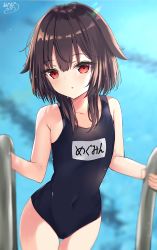 Rule 34 | 1girl, :o, absurdres, akino ell, armpit crease, bare arms, bare shoulders, black one-piece swimsuit, blurry, blush, brown hair, collarbone, commentary, covered navel, cowboy shot, depth of field, flat chest, highres, kono subarashii sekai ni shukufuku wo!, looking at viewer, megumin, name tag, one-piece swimsuit, parted lips, red eyes, school swimsuit, short hair with long locks, signature, solo, swimsuit, thighs, translated