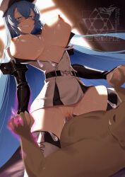 Rule 34 | 1boy, 1girl, akame ga kill!, bed, bed sheet, blue eyes, blue hair, blush, boots, breasts, breasts out, censored, chest tattoo, choker, clothed male nude male, clothed sex, collarbone, condom, cowgirl position, cum, cum in pussy, dark skin, detached sleeves, energy, english text, esdeath, fat, fat man, hair between eyes, happy sex, hat, heart, heart-shaped pupils, hetero, holding hands, huge breasts, hypnosis, jewelry, long hair, long nipples, looking at another, lying, military, military hat, military uniform, mind control, mosaic censoring, nipples, no bra, no panties, nude, open clothes, penis, pussy, ring, sex, smile, smirk, steam, straddling, sweat, symbol-shaped pupils, tattoo, teeth, thigh boots, thighhighs, uniform, used condom, vaginal, very long hair