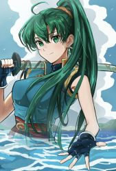 Rule 34 | 1girl, bare shoulders, breasts, closed mouth, cloud, cloudy sky, dress, earrings, fingerless gloves, fire emblem, fire emblem: the blazing blade, gloves, green eyes, green hair, high collar, high ponytail, highres, holding, holding sword, holding weapon, jewelry, large breasts, long hair, lyn (fire emblem), nintendo, outdoors, over shoulder, reaching, reaching towards viewer, rooru kyaabetsu, sky, sleeveless, sleeveless dress, solo, sword, sword over shoulder, upper body, water, weapon, weapon over shoulder, wet