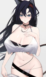 Rule 34 | 1girl, absurdres, arknights, black choker, black hair, blaze (arknights), blue eyes, blush, bra, breasts, choker, cowboy shot, grey background, groin, hairband, hand on own chest, highres, jewelry, kyo sake miyako, large breasts, looking at viewer, necklace, panties, red hairband, simple background, solo, underwear, white bra, white panties