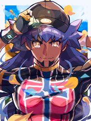 Rule 34 | 1boy, arm behind head, baseball cap, champion uniform, closed mouth, commentary request, creatures (company), dark-skinned male, dark skin, dynamax band, facial hair, game freak, gloves, hand on headwear, hat, highres, imu (acmg3475), leon (pokemon), long hair, looking at viewer, male focus, nintendo, pokemon, pokemon swsh, purple hair, shirt, short sleeves, smile, solo, upper body, white wristband, wristband, yellow eyes