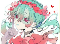 Rule 34 | 1girl, aqua hair, aqua tongue, black choker, choker, food-themed hair ornament, gradient hair, hair between eyes, hair ornament, hatsune miku, head wreath, heart, heart-shaped pupils, heart hair ornament, highres, index finger raised, long hair, looking at viewer, low twintails, multicolored hair, mushroom hair ornament, one-hour drawing challenge, patchwork skin, pink eyes, pink hair, pink nails, sidelocks, simple background, stitched face, stitches, symbol-shaped pupils, tail ear, twintails, upper body, very long hair, vocaloid, white background, zombie, zombie (vocaloid)