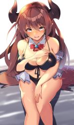 Rule 34 | 10s, 1girl, bad id, bad pixiv id, bare shoulders, bikini, black bikini, blush, bow, bowtie, breasts, brooch, brown eyes, brown hair, cleavage, collarbone, detached collar, draph, eyebrows, forte (shingeki no bahamut), granblue fantasy, hair between eyes, halterneck, highres, horns, jewelry, large breasts, long hair, looking at viewer, navel, open mouth, red bow, red bowtie, shingeki no bahamut, simple background, sitting, solo, swimsuit, tareme, ultone (neisiss), very long hair