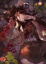 Rule 34 | 1girl, arms up, artist name, belt, black jacket, black skirt, blood, blood on face, breasts, bug, butterfly, buttons, collar, collared jacket, flower, grey belt, heterochromia, insect, insect on head, jacket, kawacy, kimetsu no yaiba, liquid, long sleeves, looking at viewer, lying, on back, parted lips, skirt, solo, tsuyuri kanao, upper body, water