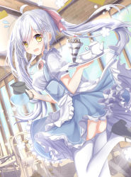 Rule 34 | 1girl, ahoge, apron, aruka (alka p1), blue dress, blush, breasts, chair, coffee pot, commentary request, cup, dress, floating hair, frilled dress, frills, grey hair, hair between eyes, hair ribbon, highres, holding, holding plate, holding pot, indoors, leg up, long hair, looking at viewer, looking back, maid apron, medium breasts, open mouth, original, parfait, plate, pot, restaurant, ribbon, shirt, short sleeves, solo, sunlight, sweatdrop, swept bangs, table, teacup, teapot, thighhighs, twintails, wavy mouth, white shirt, white thighhighs, wind, wind lift, window, yellow eyes