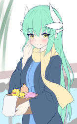 Rule 34 | 1girl, absurdres, blue kimono, blush, brown eyes, closed mouth, dragon horns, fate/grand order, fate (series), green hair, hair between eyes, highres, horns, japanese clothes, kimono, kiyohime (fate), kiyohime (traveling outfit) (fate), long hair, long sleeves, moyoron, rubber duck, scarf, smile, solo, towel, very long hair, wide sleeves, yellow scarf