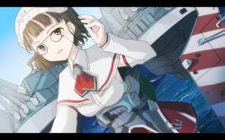 Rule 34 | 10s, 1girl, blue sky, brown eyes, brown hair, capelet, day, detached sleeves, eyewear strap, glasses, highres, kantai collection, letterboxed, long sleeves, machinery, open mouth, pince-nez, roma (kancolle), short hair, skirt, sky, solo, striped, tamae (pixiv40276), turret, water