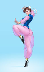 Rule 34 | 1girl, ass, bare shoulders, bracelet, breasts, brown eyes, brown hair, bun cover, capcom, chun-li, closed mouth, commentary request, double bun, earrings, fighting stance, full body, gold trim, hair bun, hair ornament, highres, jewelry, jiggeh, large breasts, leg up, leotard, lips, medium breasts, muscular, muscular female, see-through, shoes, simple background, solo, spiked bracelet, spikes, standing, standing on one leg, street fighter, street fighter ii (series), thighs