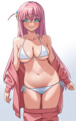 Rule 34 | 1girl, acaa, aqua eyes, arms at sides, bare shoulders, bikini, bikini under clothes, bocchi the rock!, breasts, cleavage, closed mouth, clothes pull, collarbone, commentary, cowboy shot, cube hair ornament, gotoh hitori, gradient background, grey background, groin, hair between eyes, hair ornament, halterneck, highres, jacket, large breasts, long hair, long sleeves, looking at viewer, navel, off shoulder, one side up, open clothes, open jacket, pants, pants pull, pink hair, pink jacket, pink pants, raised eyebrows, side-tie bikini bottom, skindentation, solo, standing, stomach, string bikini, swimsuit, tearing up, track jacket, track pants, track suit, underboob, very long hair, white background, white bikini